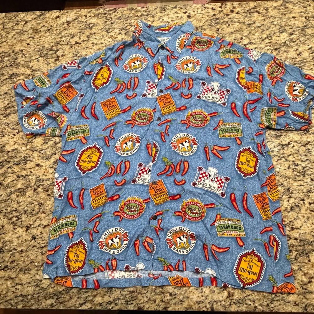 Big Dogs Mens XL Blue Rayon Button Down Novelty Restaurant Chili Pepper Shirt v